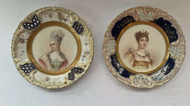 Ant 2 German Hand Painted Portraits of Women Cabinet Plates Signed Reticulated