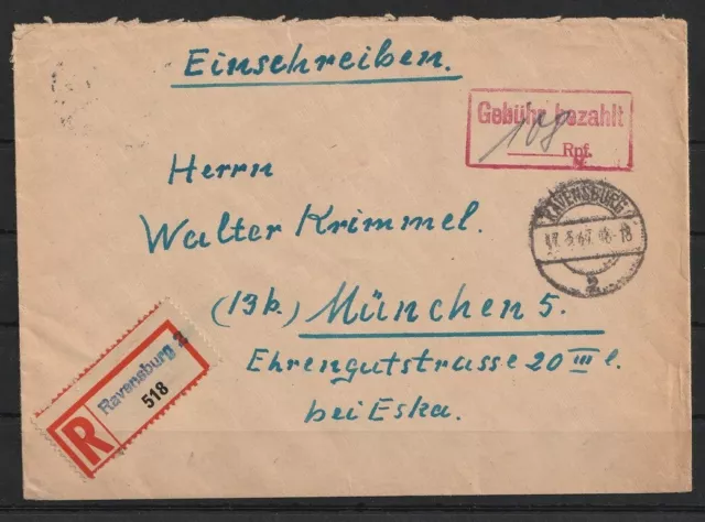 Gebühr bezahlt R-Brief Not-R-Zettel Ravensburg 2 nach München, 1947 #1095296