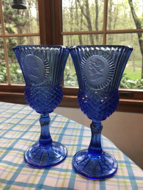 Vintage AVON Fostoria Cobalt Blue Glass Goblet George & Martha Washington Set 2