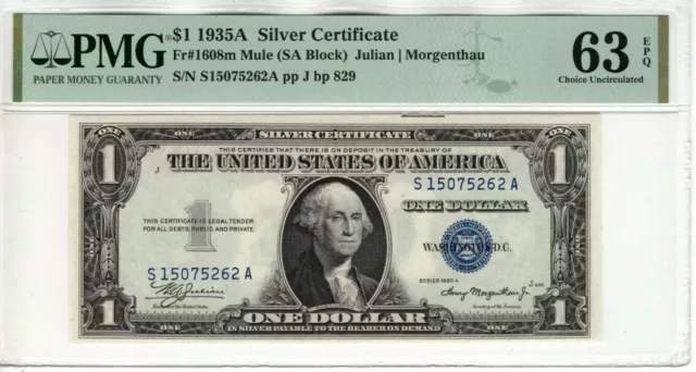 1935 A $1 Silver Certificate Note Fr.1608M Mule Sa Block Pmg Choice Unc 63 Epq