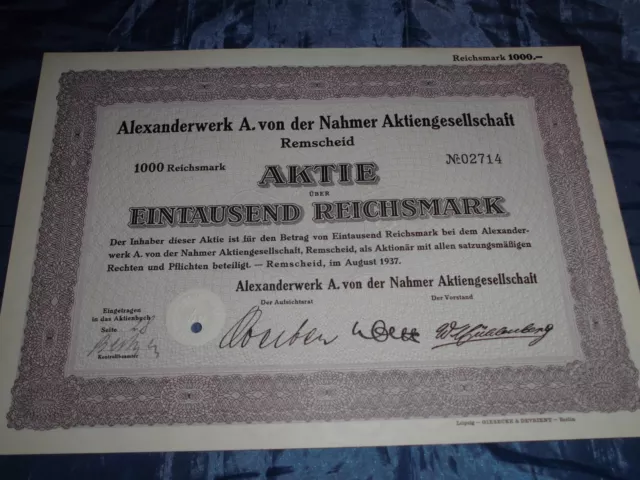 Historische  Aktie , Alexanderwerk A. von der Nahmer  1937 , 1000 RM , # 578 B