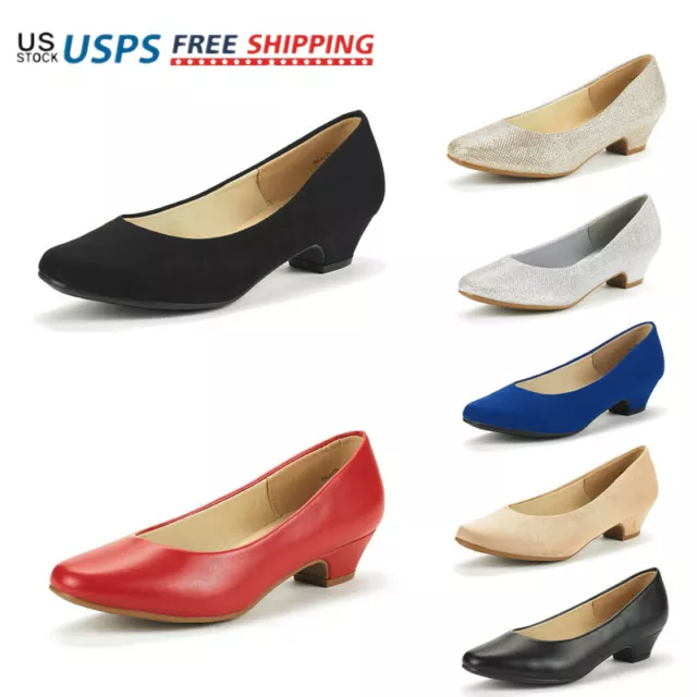 Women's Pump Shoes Low Chunky Heel Round Toe Slip On Pump Wedding Dress Shoes