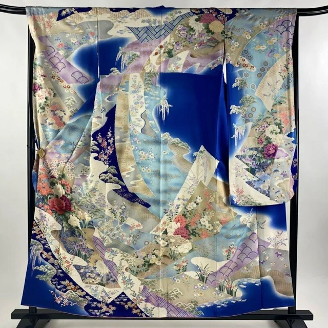 Woman Japanese Kimono Furisode Silk Pine Bamboo PlumBlossom Gold Foil Blue