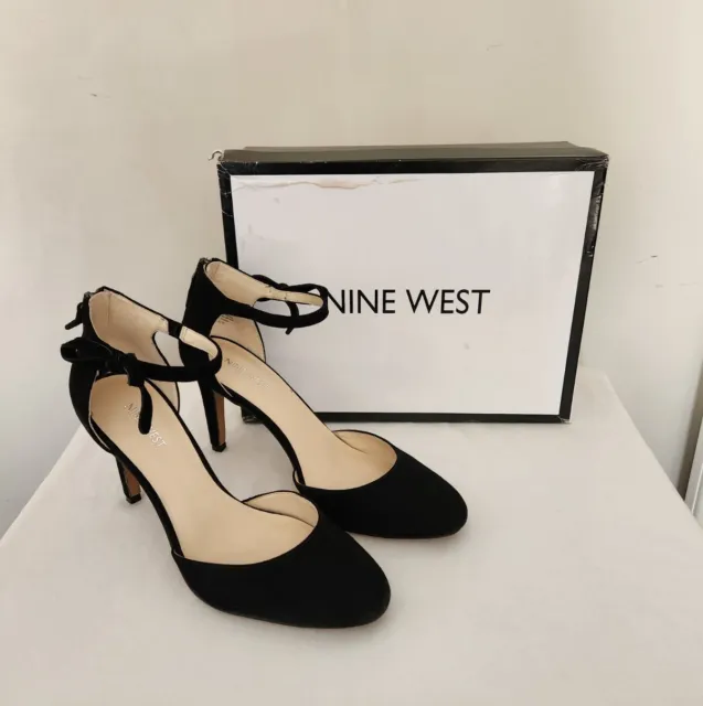 NINE WEST NWHOWLEY Black Suede Pump - Ankle Strap w/ Bow - Zipper Heel - Size 9M