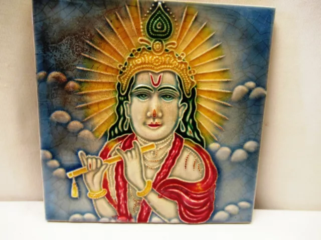 Antique Tile Lord Krishna Flute Music Hindu Mythology Art Nouveau Majolica "706 2
