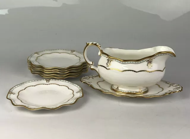 English Royal Crown Derby Lombardy Bone China Gravy Boat, Saucer & 6 Side Plates