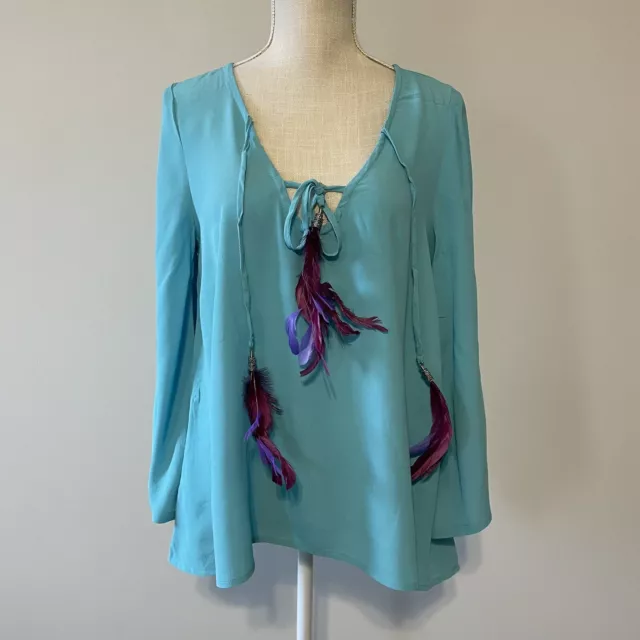 PJK Patterson J Kincaid Top Womens Medium Aqua Blue Dakota Feather Tunic