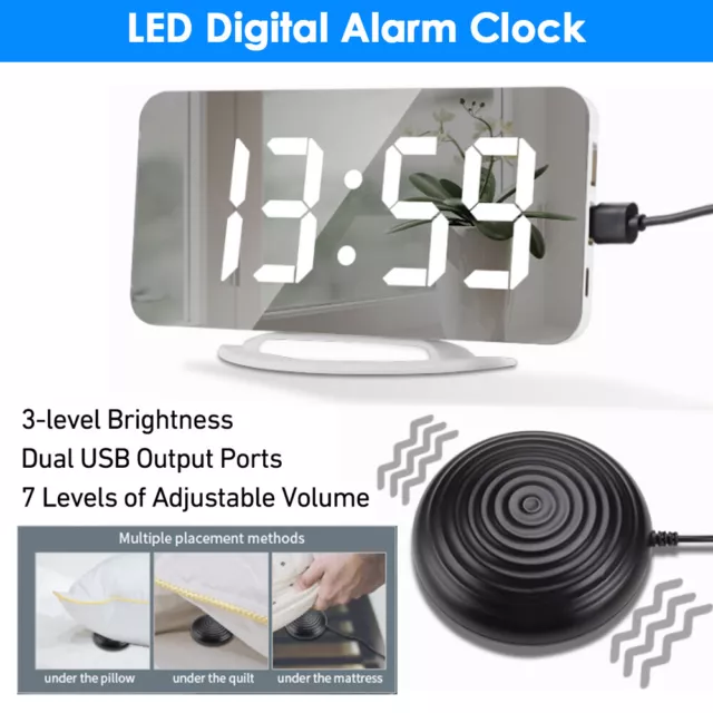 Led Mirror Alarm Clock for Heavy Sleepers Vibrating Night Light Deaf Shaker