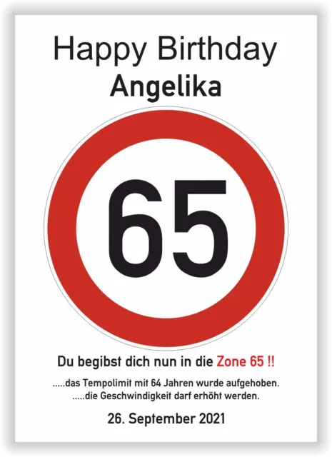 Verkehrsschild Geburtstag 65 Jahre Deko Geschenk Verkehrszeichen Poster Karte A4