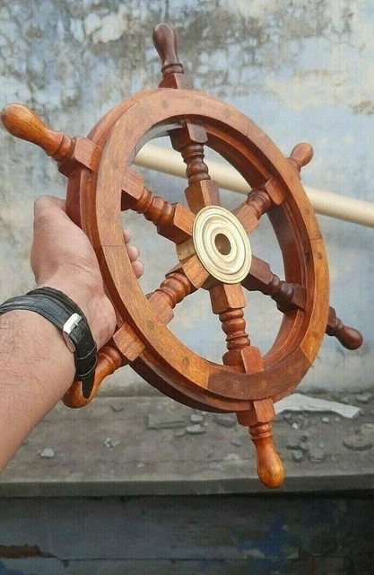 Wooden Ship Wheel 18 Inch Brass Nautical Collectible Wall Hanging Decor Vintage