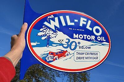 Old Style Wil-Flo Motor Oil & Gas Vintage Type Flange Sign Thk Steel Made In Usa