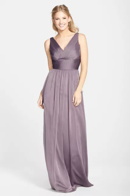 ML Monique Lhuillier Bridesmaids Sleeveless Ruched Chiffon Dress Sz 12 Purple