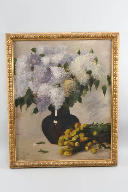 J33X06- Gemälde Stillleben Blumen Flieder, undeutlich signiert, um 1900