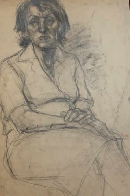 Vintage original pencil drawing woman portrait