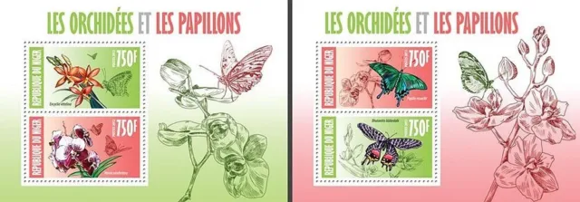 Orchids & BUTTERFLIES Insect 2 x 2-Value MNH Stamp Sheets #203 (2013 Niger)