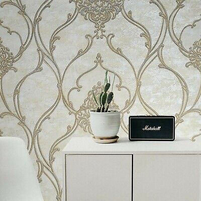 Wallpaper Beige cream gray gold textured Victorian vintage damask faux fabric 3D