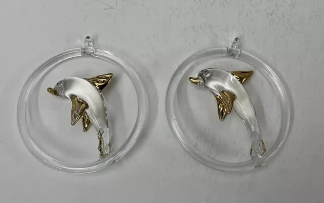 Hanging 3” x 2.5" Dolphins With Gold Accents Hand blown glass (Set of 2) 2