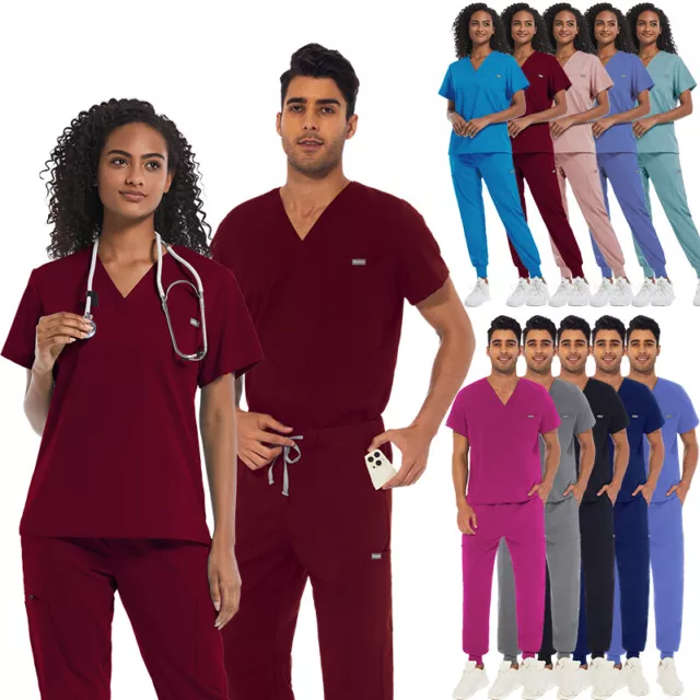 Unisex Stretch Scrub Set Nurse Medical Uniform V-Neck One-Pocket Top Jogger Pant