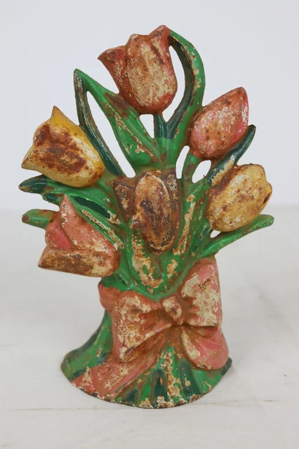 Antique Painted Cast Iron Metal Tulip Flower Bouquet Doorstop - 9.5" x 7"