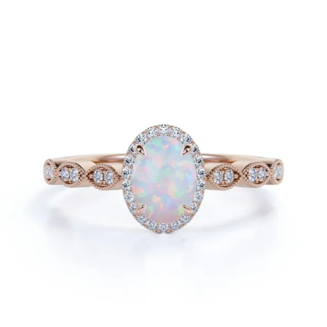 Bague de fiançailles Vintage Art Deco Opal Birthstone 14K Rose Gold Finish...