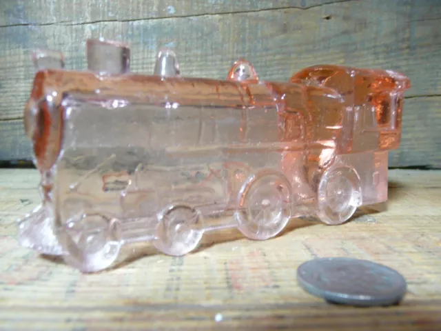 VINTAGE Train Locomotive Glass Candy Container T.H. Stough #1028 Pink