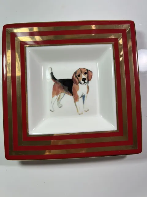 Square C. WONDER Decorative Dog Plate Red & Gold Border 6.5”
