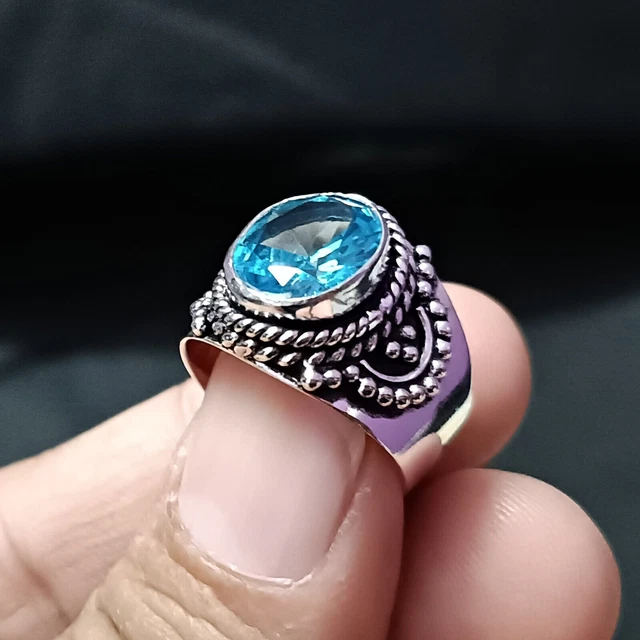 Bague d'amour pour homme et femme en argent sterling 925 avec topaze bleue...