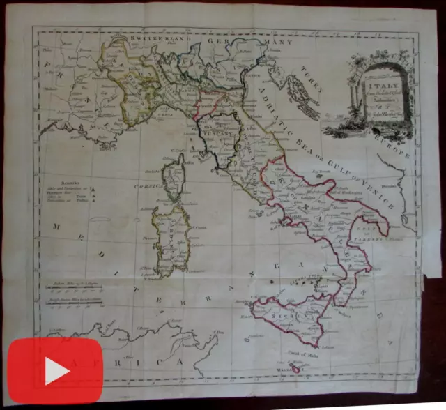 Italy Italia c.1780 Lodge map decorative cartouche old hand color folio sheet