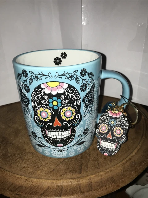 Prima Design Sugar Skull Coffee Mug and Key Chain Set Aqua 24 ounce capacity