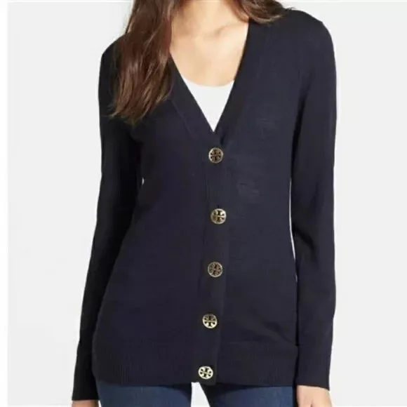 TORY BURCH Navy Blue Gold Button 100% Merino Wool Simone Cardigan Sweater S 4/6