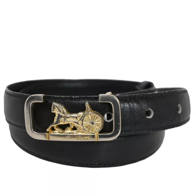 CELINE Horse Carriage Buckle Belt Leather #65 Black Gold Accessory Italy 07HB859