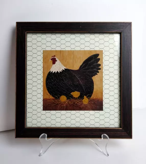 Warren Kimble Hen & Chicks Print Folk Art Chicken Wood Frame 9.25" Primitive HTF