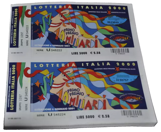 Lotto di 10 Biglietti "LOTTERIA ITALIA  2000" «artista U. Nespolo» con matrice