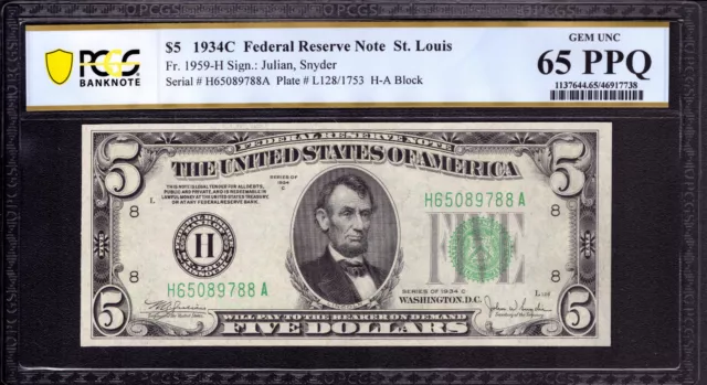 1934 C $5 Federal Reserve Note St. Louis Ha Block Fr.1959-H Pcgs B Gem 65 Ppq