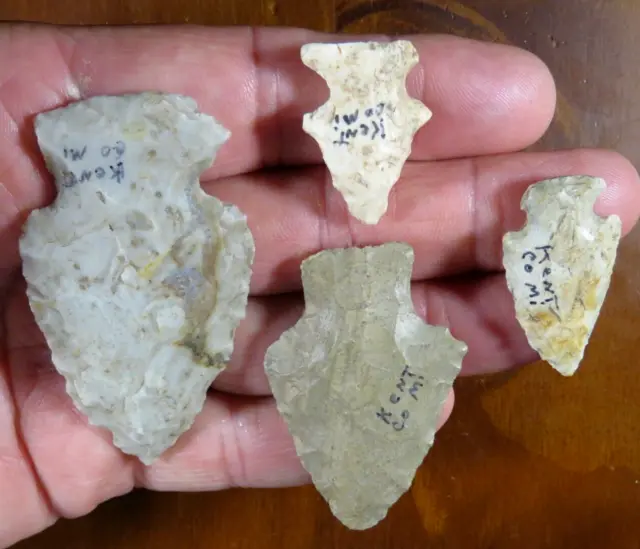 Nice group of 4 Archaic points FB J. Grotte near Kent Michigan 1.1/4 - 2.3/4