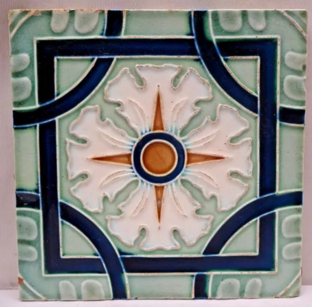 Majolica Tile Vintage Art Nouveau Ceramic Glazed Saji Japan Geometric Patter#467