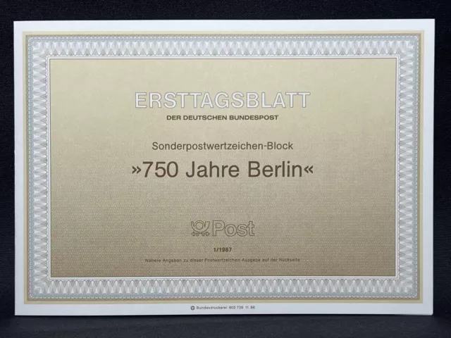 Briefmarke 750 Jahre Berlin 1/1987 Sonderpostwertzeichen Block Ersttagsblatt