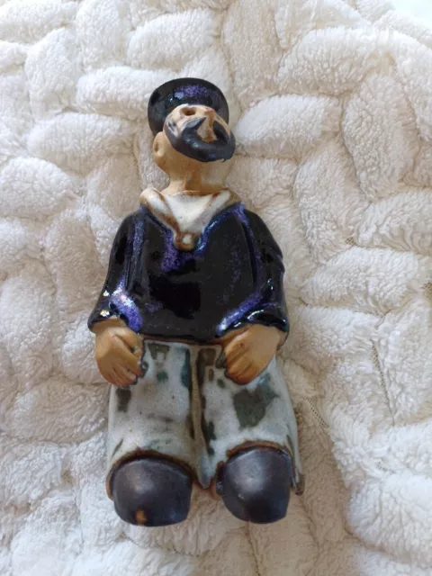 HAND PAINTED CLAY Figurine Chinese Mudman Seated Fisherman Holding