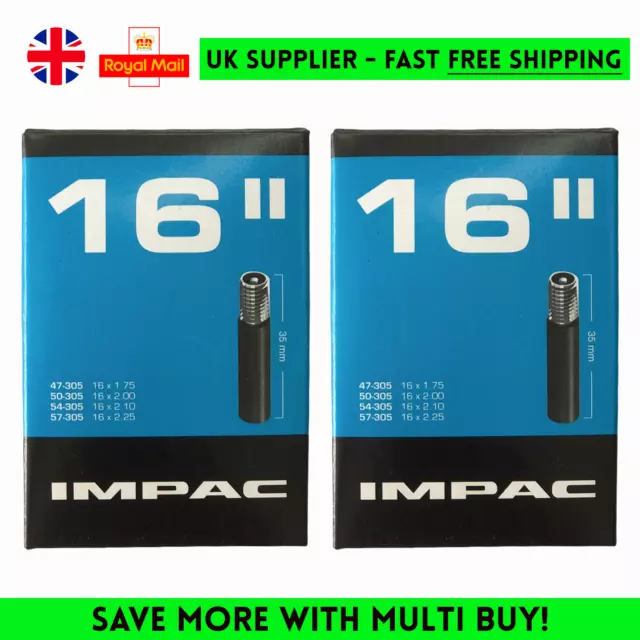 2X IMPAC 16" Inch Inner Tubes Kids Child Bike AV16 35mm SCHRADER VALVE 47/57-305