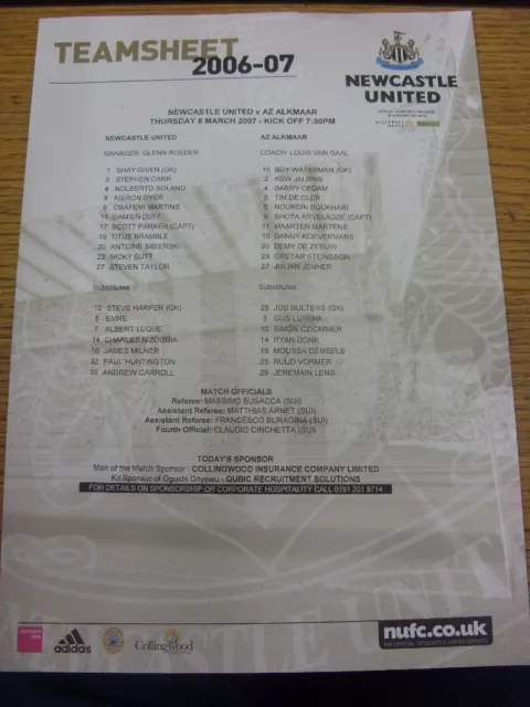 08/03/2007 Colour Teamsheet: Newcastle United v AZ Alkmaar [UEFA Cup]. Trusted s