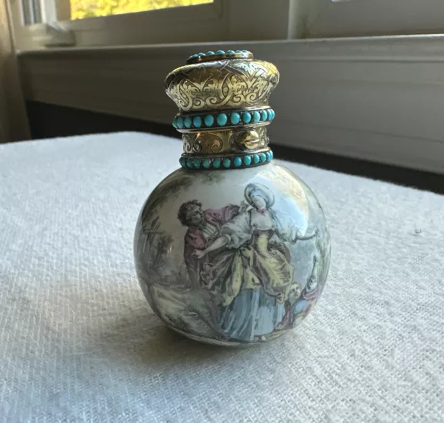 Gilt Silver Mounted Enamel Scent Bottle Set With Turquoise French Late 19th Cent