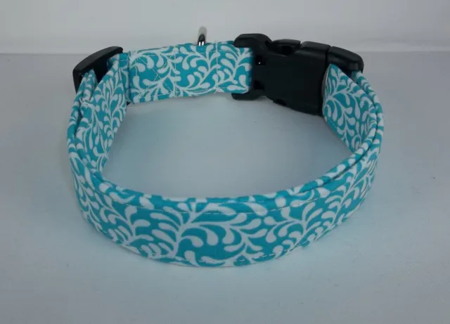 Aqua Teal white Plume Terri's Dog Collar custom made adjustable charming fabric