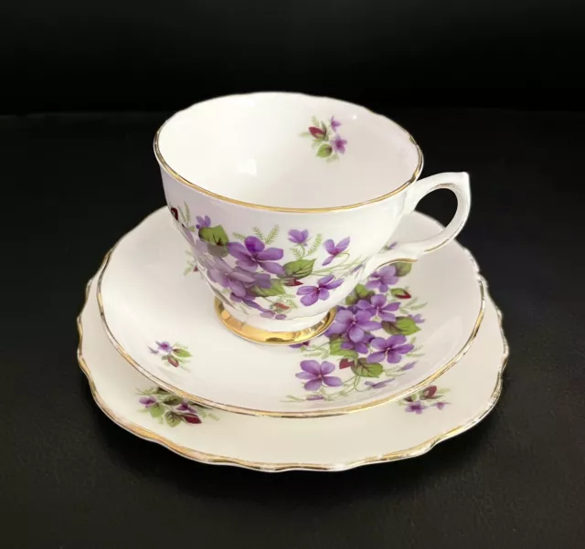 Colclough Tea Cup Saucer Plate Trio, Purple Rose Pattern, Made In England, VGC