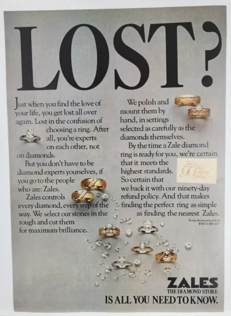 1981 Zales Jewelry Diamond Store Lost? Vintage Print Ad Man Cave Poster Art 80's