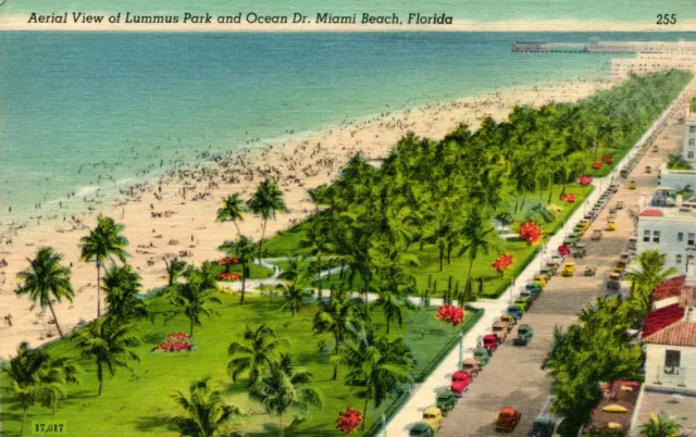 Postcard aerial view of Lummus Park and Ocean Drive, Miami Beach, Florida