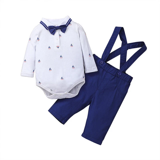 Neugeborenes Baby Jungen Kleidung Print Kragen Trainingsanzug Trägerhosen Outfit 10