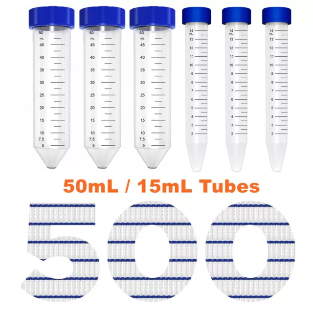 (500PCS) 15mL/50mL Sterile Centrifuge Tubes+Caps Conical Bottom Polypropylene US 2