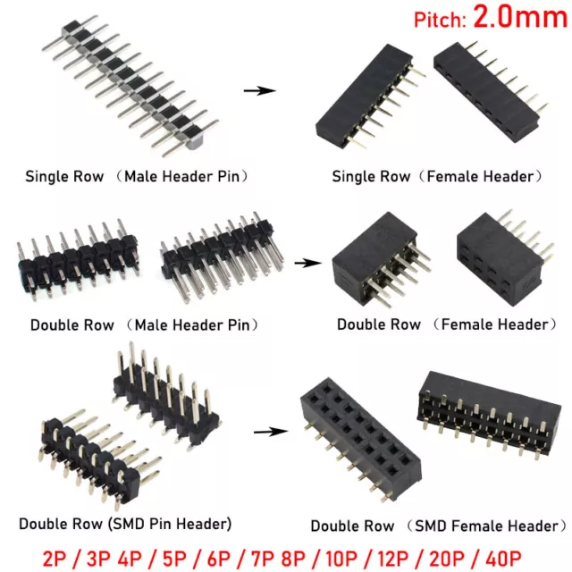 2.0mm Pitch 2P-40P PCB Male / Female Pin Header Single / Double Row Connector