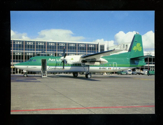 Aviation Airplane Airline postcard AER LINGUS COMPUTER Fokker 50 Cork OKC A415