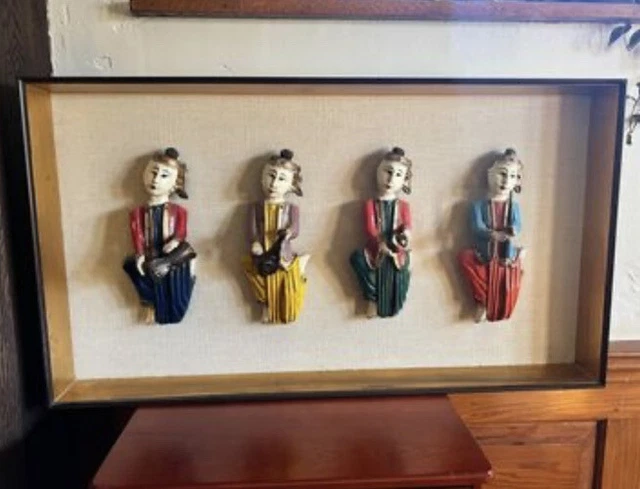 Burmese Lacquered Hand Carved Wooden Temple Musicians Framed And Mounted